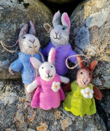 Harepus, familie, 4 harar i sine finklede 